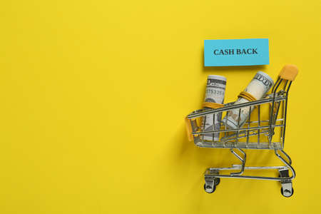 Card with word Cashback and rolled dollar banknotes in shopping cart on yellow background, flat lay. Space for textの写真素材