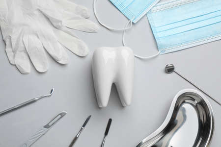 Tooth shaped holder, set of different dentist's tools, face masks and gloves on light gray background, flat layの写真素材