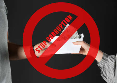 Stop corruption. Illustration of red prohibition sign and woman giving bribe money to man on black background, closeupの写真素材