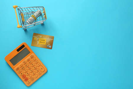 Calculator, credit card and rolled dollar banknotes in shopping cart on light blue background, flat lay with space for text. cashback conceptの写真素材
