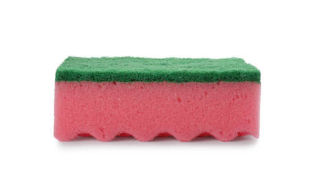 Pink cleaning sponge with abrasive green scourer isolated on white