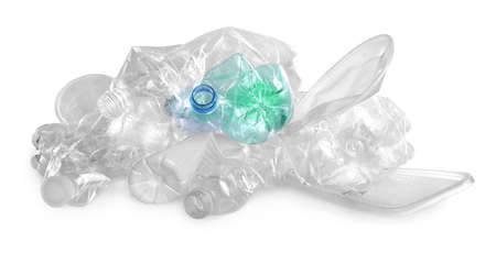 Pile of plastic trash on white background. Recycling rubbish