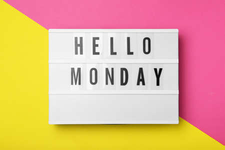 Light box with message Hello Monday on color background, top viewの写真素材