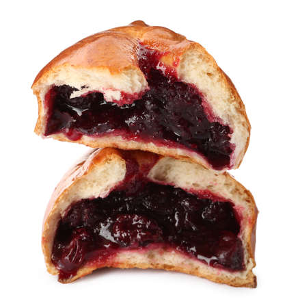 Delicious baked patty with cherry on white backgroundの写真素材