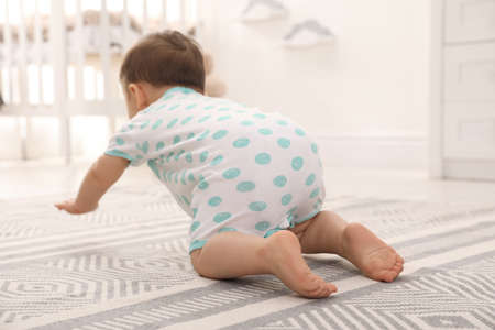 Cute baby crawling on floor at home, back viewの写真素材