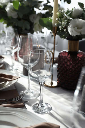 Festive table setting with beautiful decor indoorsの写真素材