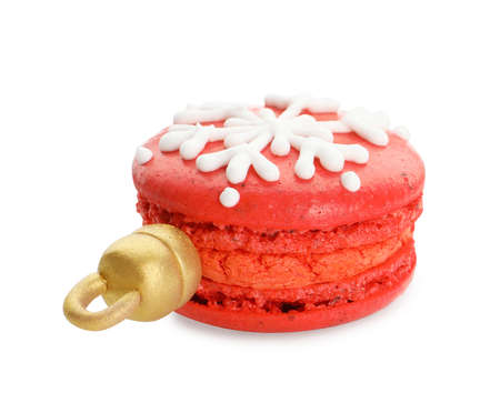 Beautifully decorated Christmas macaron isolated on whiteの写真素材
