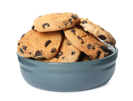 Delicious chocolate chip cookies in bowl isolated on white