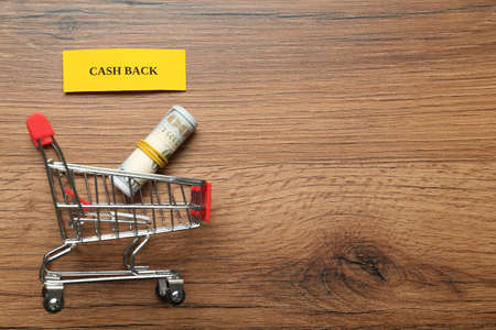 Card with word Cashback, rolled dollar banknotes and shopping cart on wooden background, flat lay. Space for textの写真素材