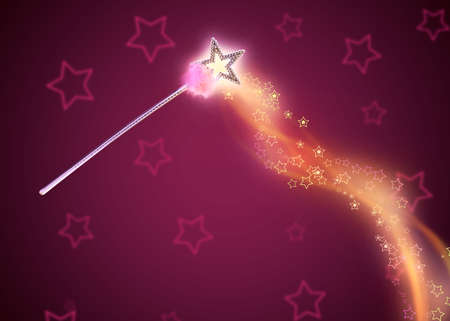 Beautiful magic wand with fairy sparkle on color backgroundの写真素材
