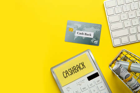 Calculator, keyboard, credit card and rolled dollar banknotes in shopping cart on yellow background, flat lay with space for text. cashback conceptの写真素材