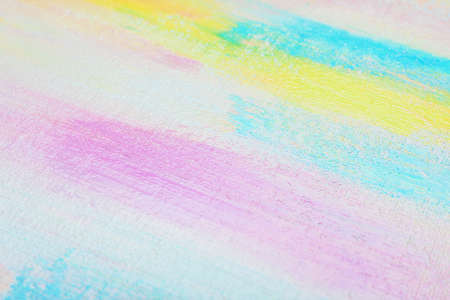Strokes of different pastel acrylic paints on white canvas, closeupの写真素材