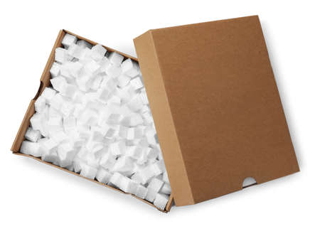 Open box with cubes on white background, top view