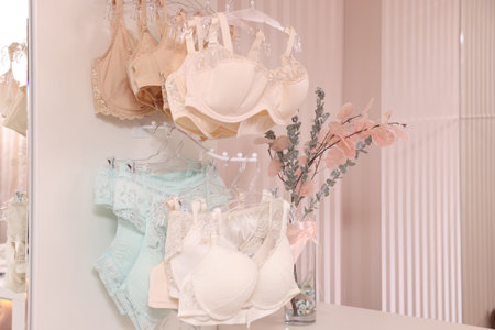 Luxury women's underwear on hangers in lingerie storeの写真素材