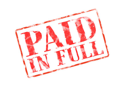 Red stamp with phrase PAID IN FULL on white backgroundの写真素材
