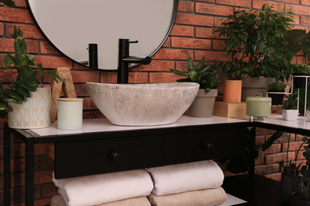 Stylish sink and beautiful green houseplants in the bathroom. interior design