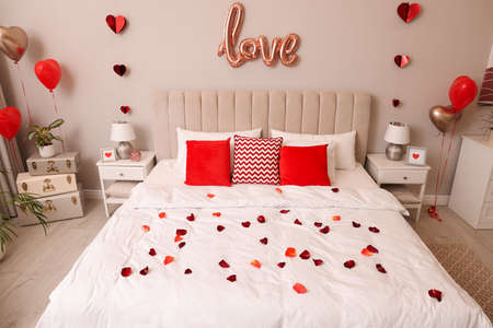 Cozy bedroom decorated for Valentine's Day. interior designの写真素材