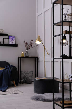 Living room interior with stylish pouf and furnitureの写真素材