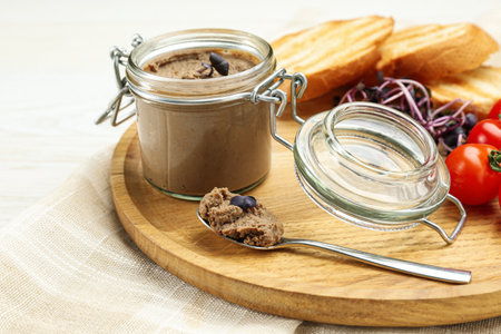 Delicious liver pate on wooden board, closeup view