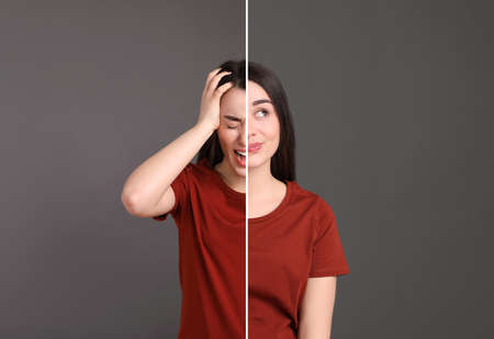 Young woman expressing different emotions on gray background, collage. Personality concept