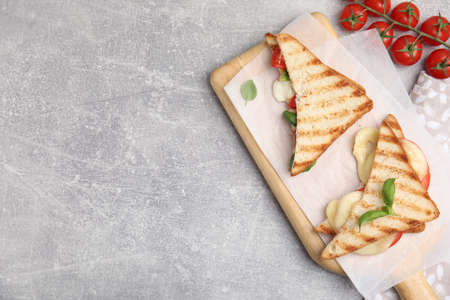 Delicious grilled sandwiches with mozzarella, tomatoes and basil on light gray table, flat lay. Space for textの写真素材