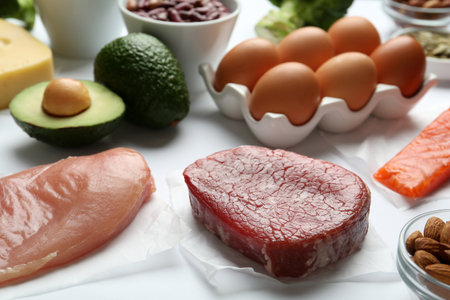 Set of products rich in amino acids on white backgroundの写真素材