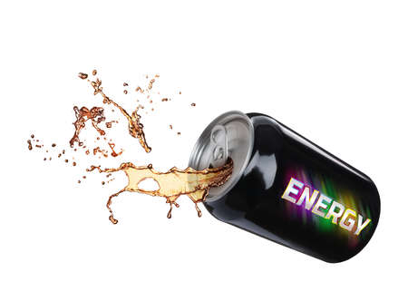 Can of energy drink with splashes on white background