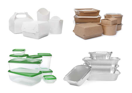 Set with different containers for food on white backgroundの写真素材