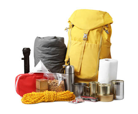 Disaster supply kit for earthquake on white background