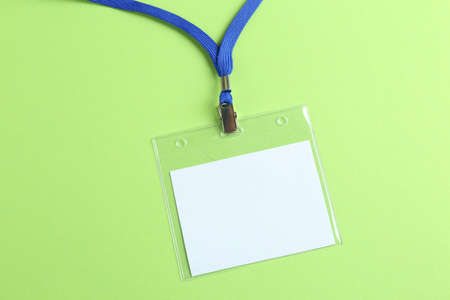 Blank badge on green background, top view. Mockup for designの写真素材