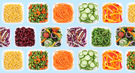 Set of plastic food containers with different fresh vegetables and salads on light blue background, flat lay. banner designの写真素材