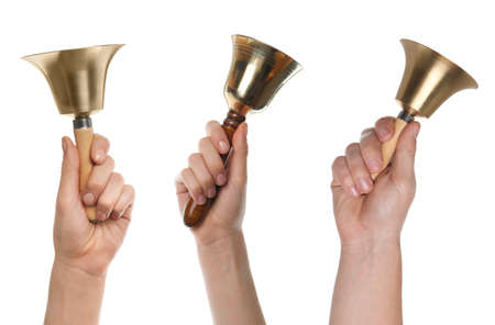 Collage with photos of women with school bells on white background, closeupの写真素材
