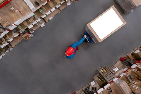 Man working with pallet truck at warehouse, top view. logistics centerの写真素材