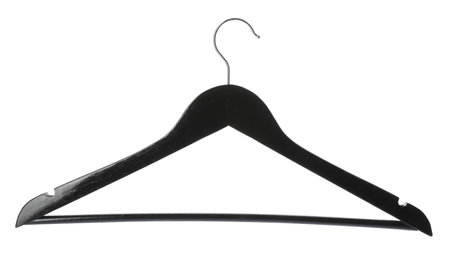 Empty wooden hanger isolated on white. Wardrobe accessoryの写真素材