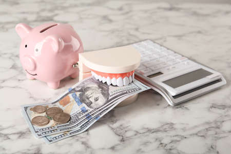 Educational dental typodont model with money, piggy bank and calculator on white marble table....