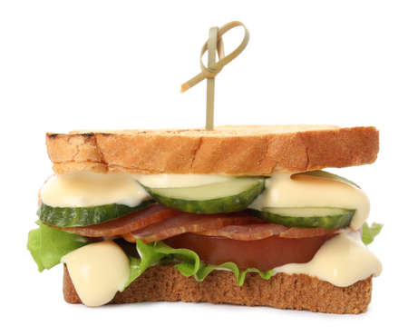 Delicious sandwich with vegetables, ham and mayonnaise isolated on whiteの写真素材
