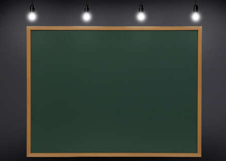 Glowing light bulbs and green chalkboard hanging on gray wall