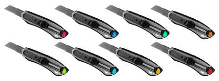 Set with different colorful utility knives on white background. banner design
