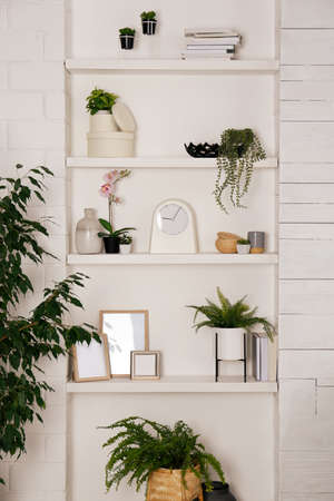 Wall shelves with beautiful decor elements and houseplants indoors. interior designの写真素材