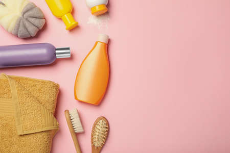Flat lay composition with baby cosmetic products on pink background, space for textの写真素材