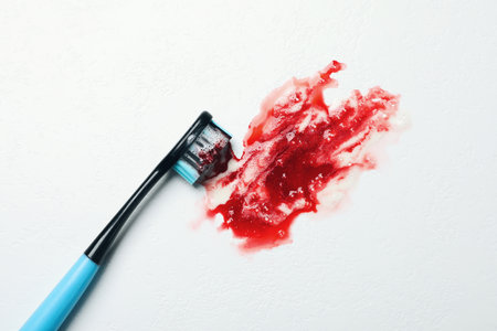 Toothbrush with paste and blood on white table, top view. gum inflammationの写真素材