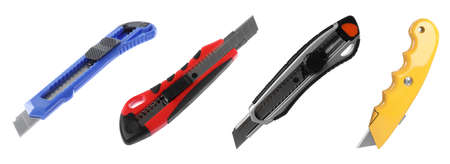 Set with different utility knives on white background. banner design