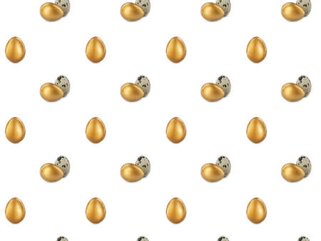 Set with shiny golden eggs and quail ones on white backgroundの写真素材