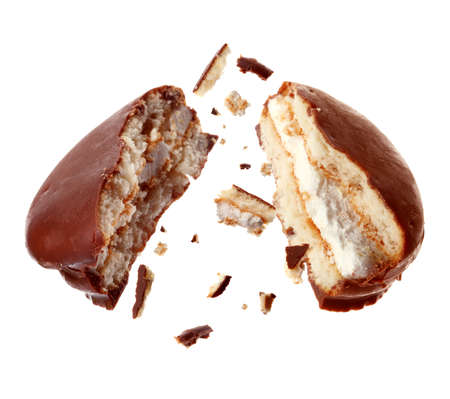 Broken delicious choco pie on white background