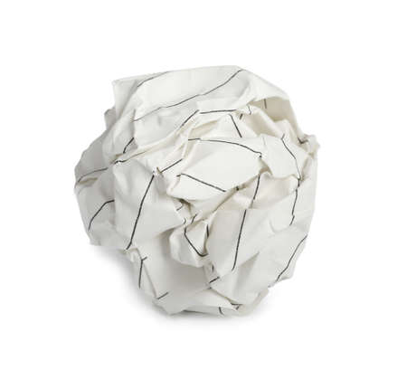 Crumpled sheet of beige paper isolated on whiteの写真素材