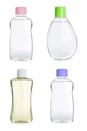 Set with bottles of baby oil on white backgroundの写真素材