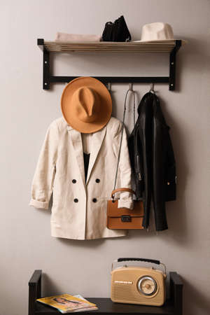 Hallway interior with stylish furniture, clothes and accessoriesの写真素材