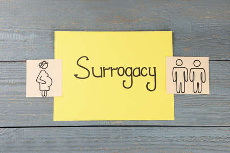 Drawings of pregnant woman and gay couple near paper with word Surrogacy on gray wooden table, flat...