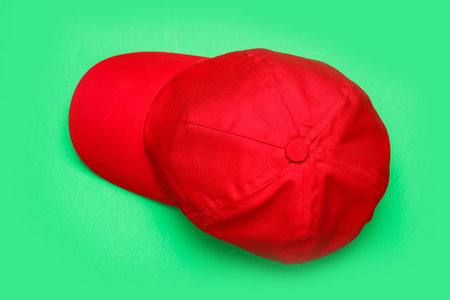 Baseball cap on green background, top view. Mock up designの写真素材