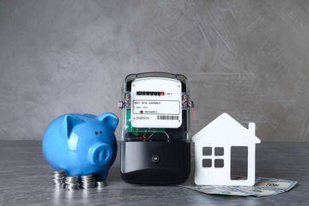Electricity meter, piggy bank, house model and dollar banknotes on gray table